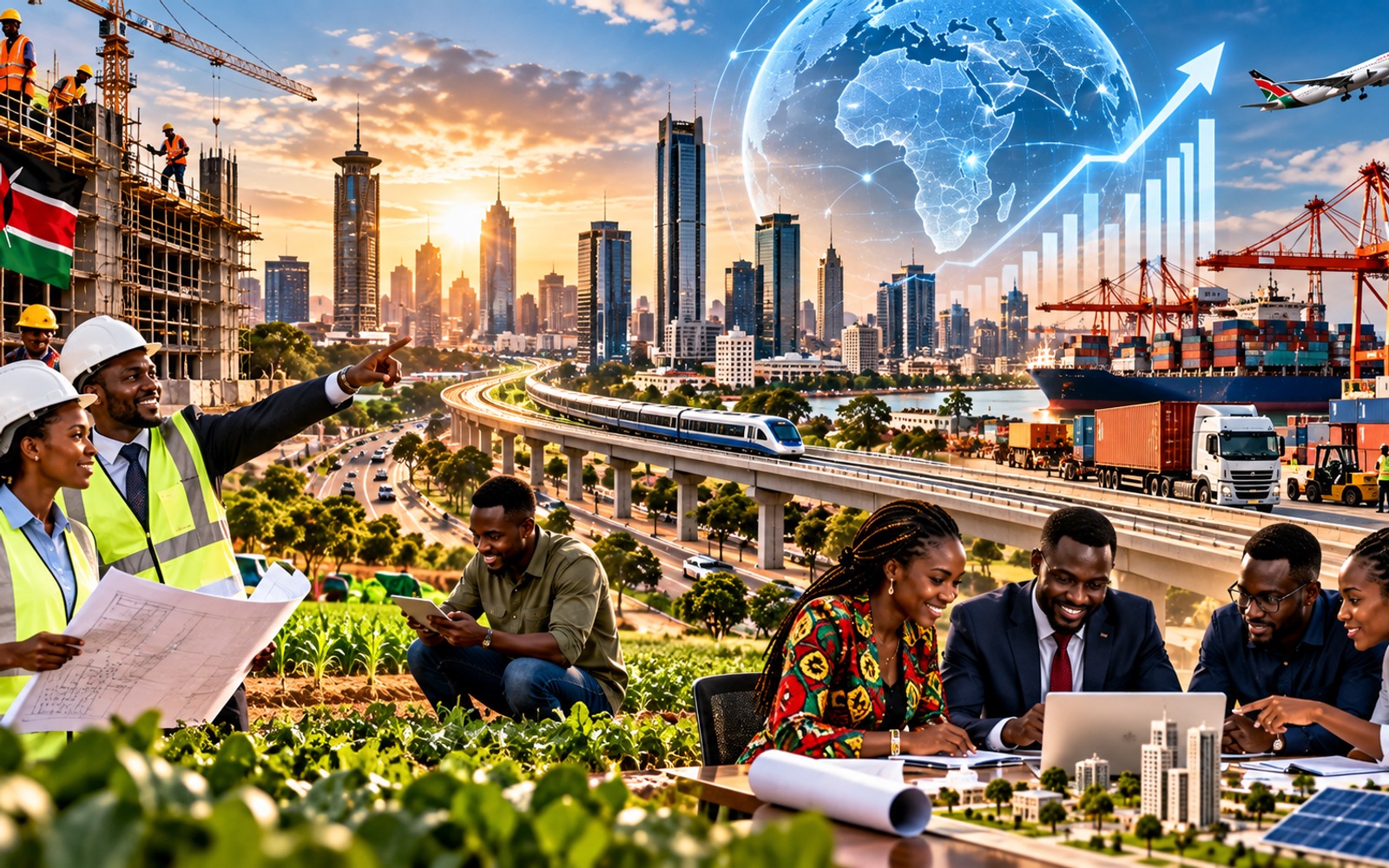 Kenyan professionals planning new infrastructure with the city skyline behind them